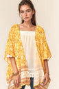 Yellow floral printed Davi & Dani loose-fit kimono cover-up with short sleeves, ideal for stylish beach or casual wear.
