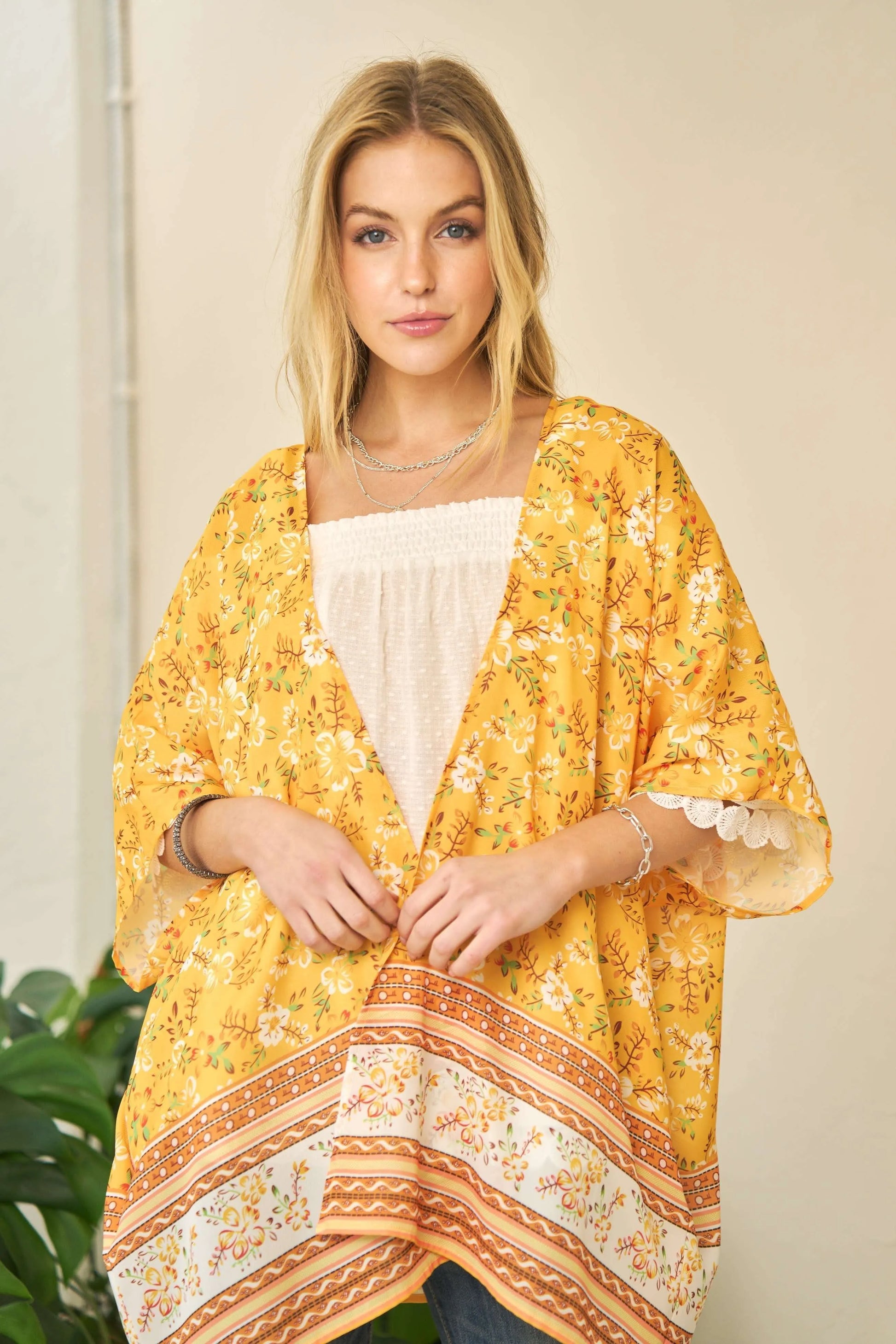 Yellow floral printed Davi & Dani short sleeve kimono cover-up with loose fit, perfect for beach or casual wear.