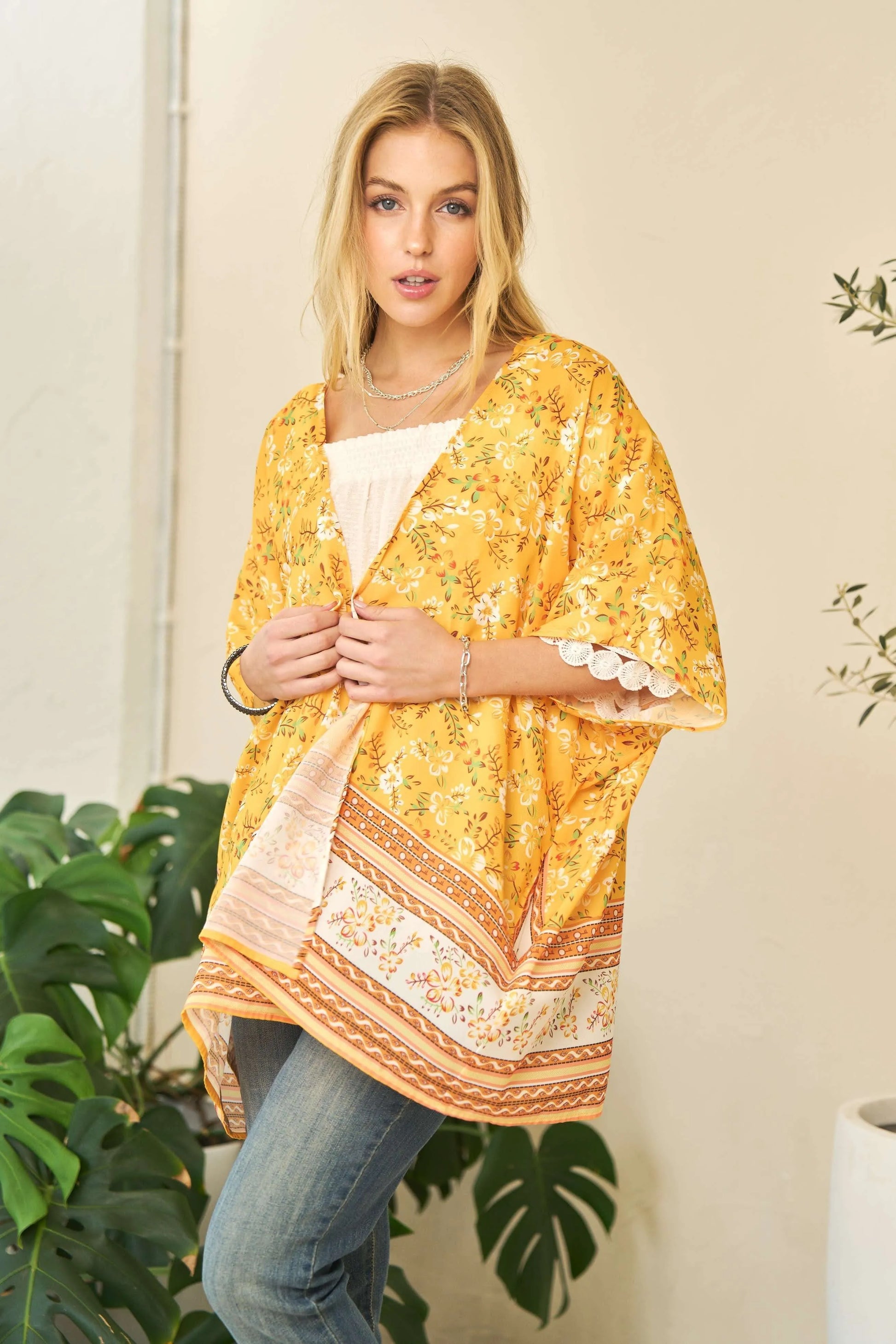 Yellow floral printed Davi & Dani short sleeve kimono cover-up with loose fit, perfect for casual or beachwear.