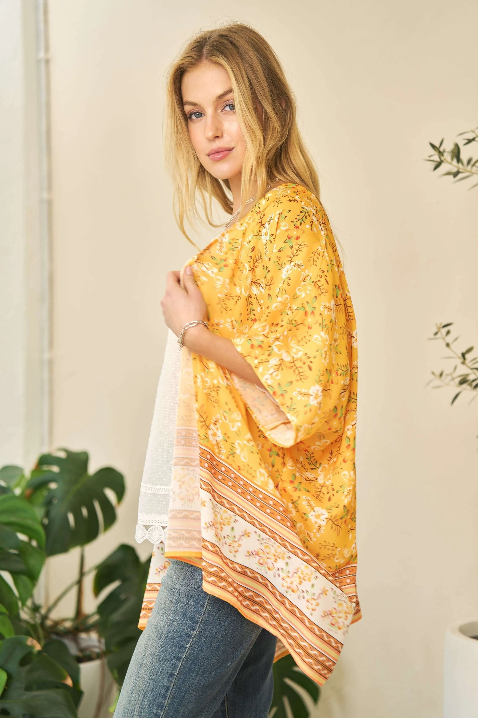 Yellow floral printed Davi & Dani short sleeve kimono cover-up with a loose fit, lightweight and stylish for warm weather.