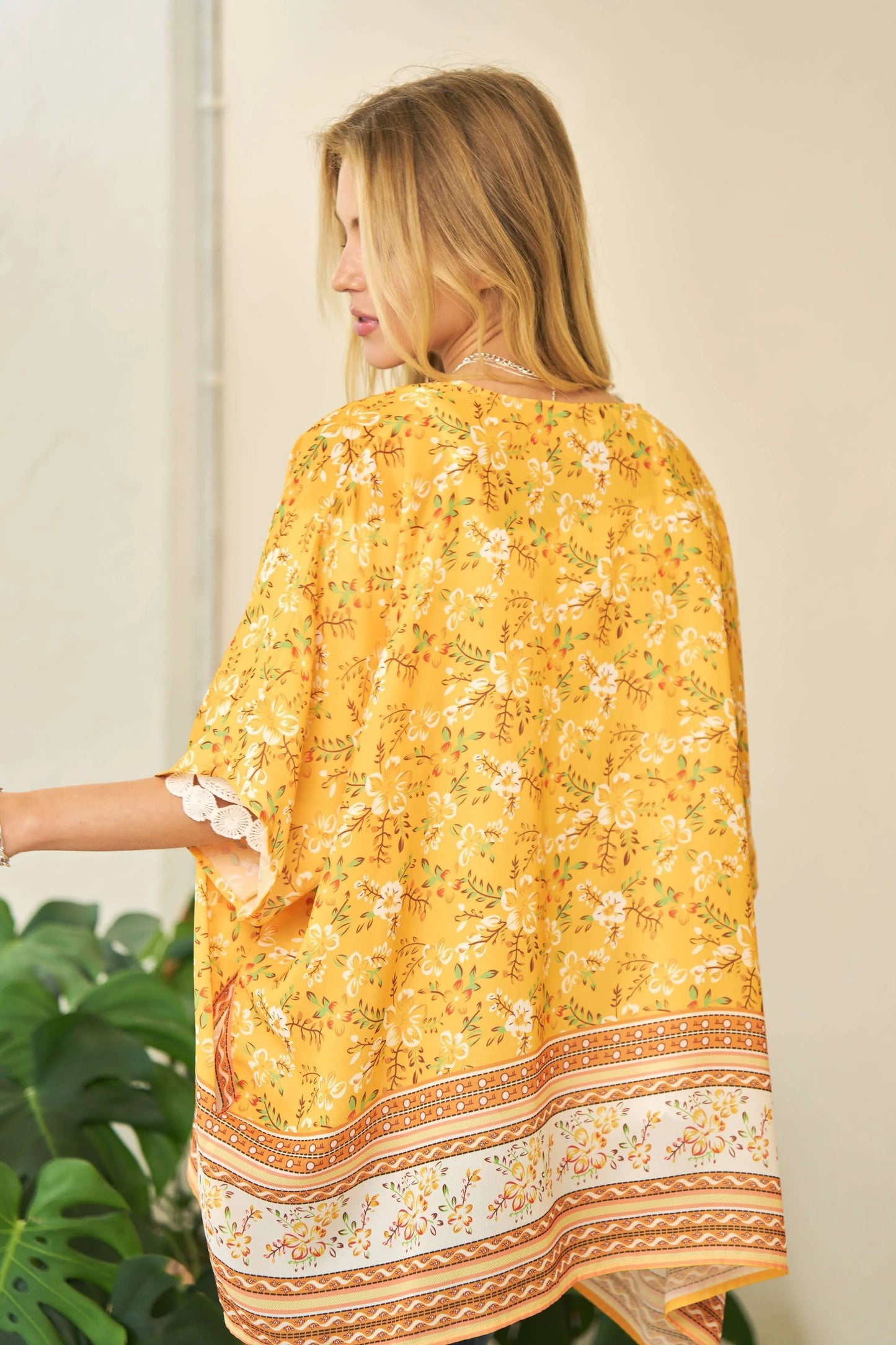 Yellow floral printed Davi & Dani short sleeve kimono cover-up with loose fit, perfect for casual beach or poolside wear.