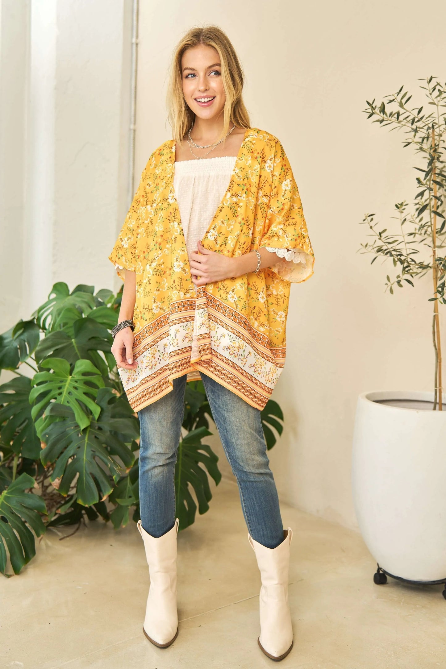 Yellow floral printed Davi & Dani short sleeve kimono cover-up with loose fit, perfect for beach or casual wear.