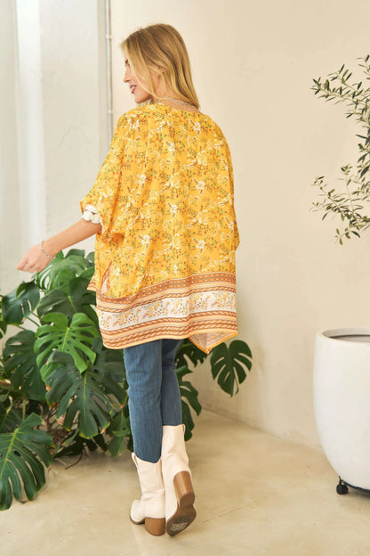 Yellow Davi & Dani floral printed short sleeve loose fit kimono cover-up, lightweight and stylish for beach or casual wear.