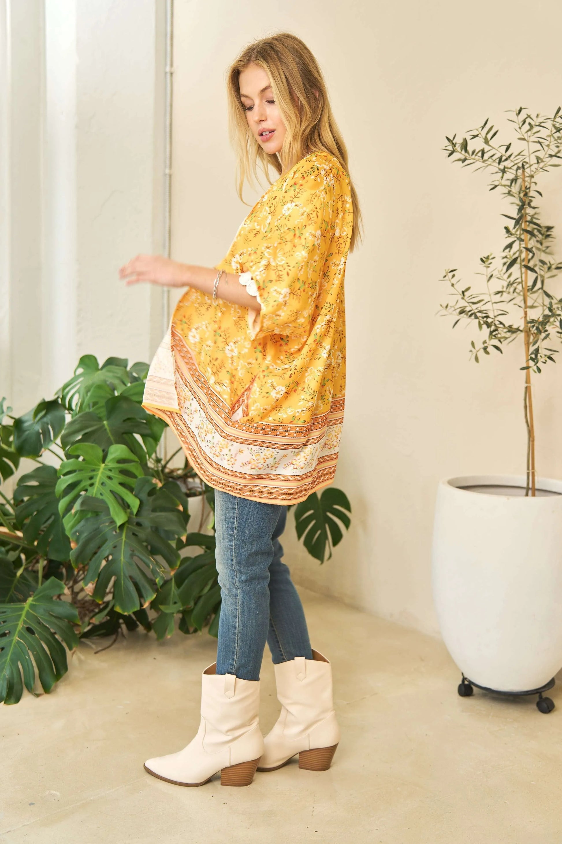 Yellow Davi & Dani floral printed short sleeve kimono cover-up with loose fit, lightweight and stylish for beach or casual wear.