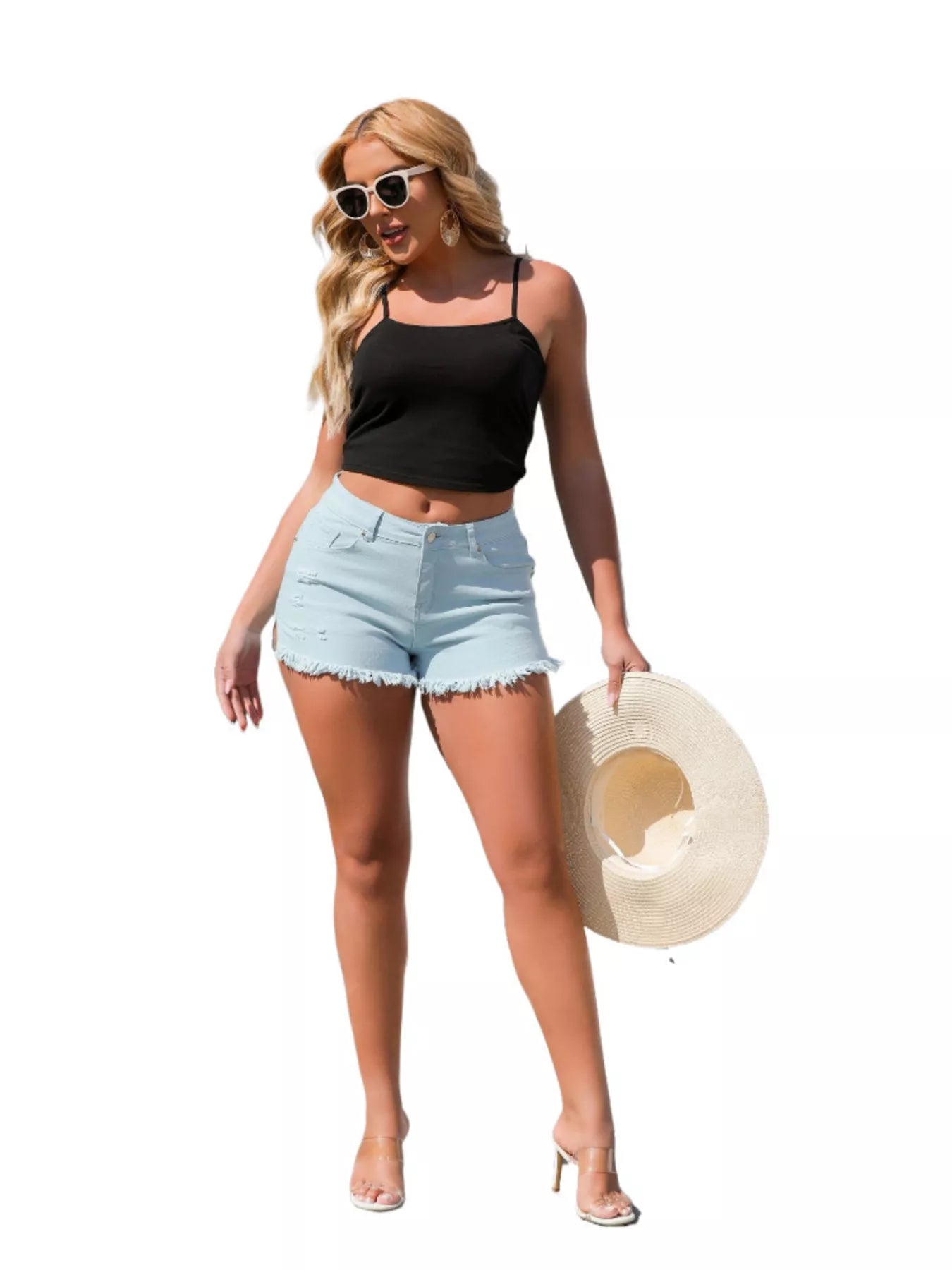 Yellow frayed hem denim shorts from Trendsi, casual cut with distressed edges and classic five-pocket design.