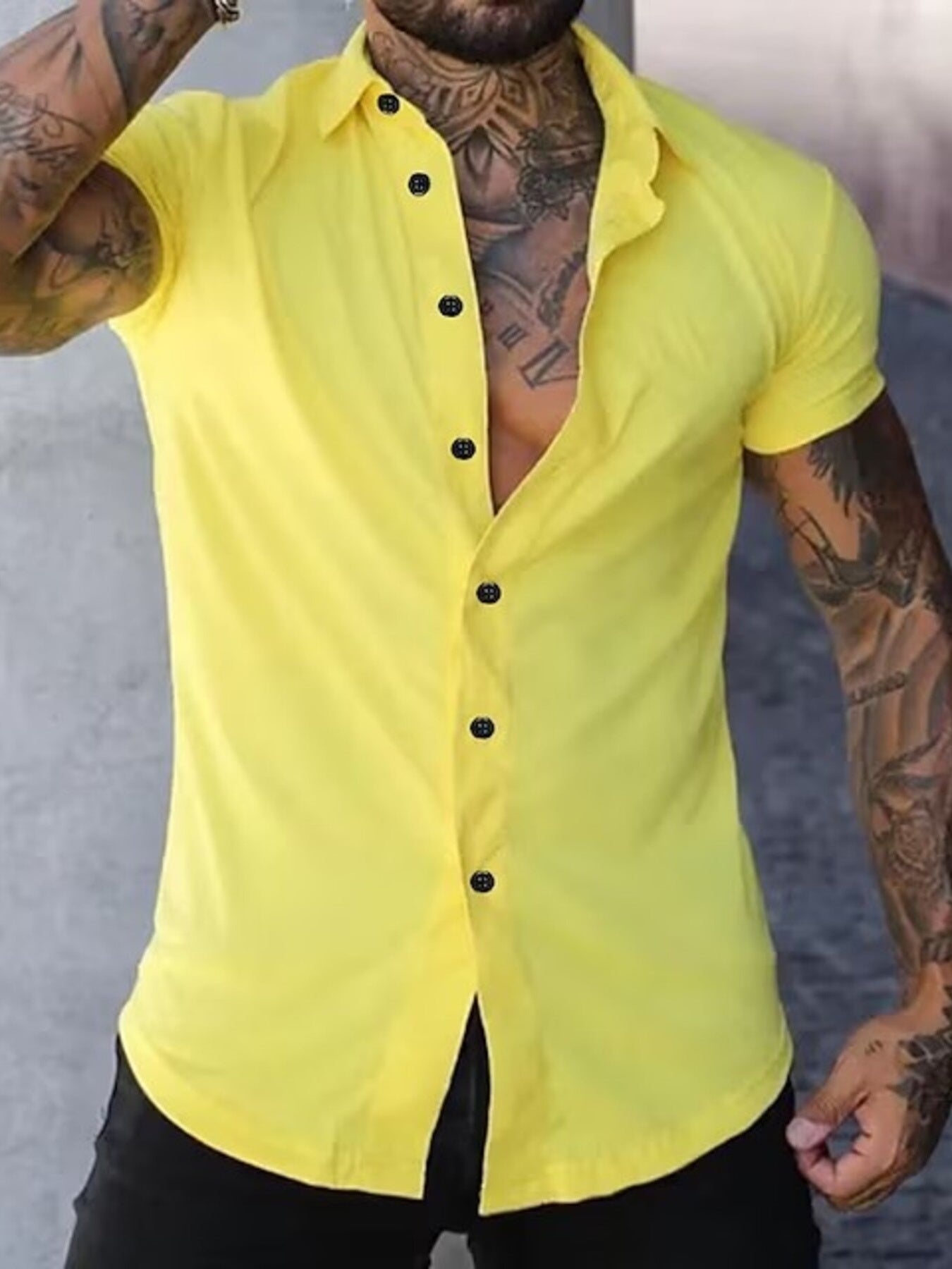 Men's yellow full-size slim fit short sleeve button-down shirt by Trendsi, featuring a classic collar and casual style.