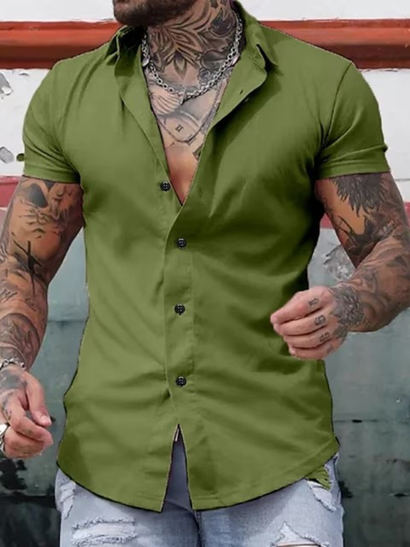 Yellow men's full-size slim fit short sleeve button-down shirt from Trendsi, designed for plus size with a classic collar and tailored fit.