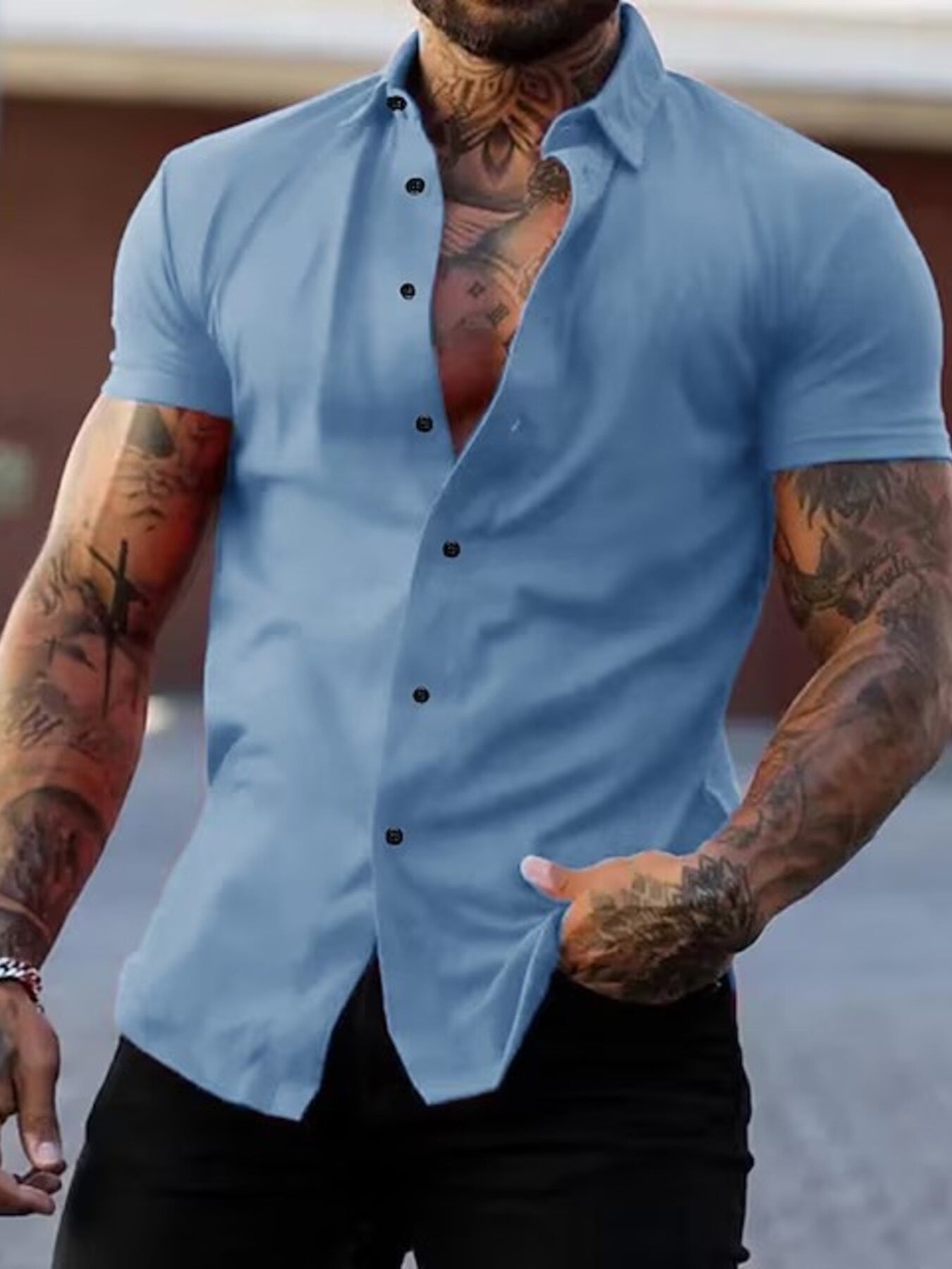 Yellow men's full-size slim fit short sleeve button-down shirt by Trendsi, shown on a model.