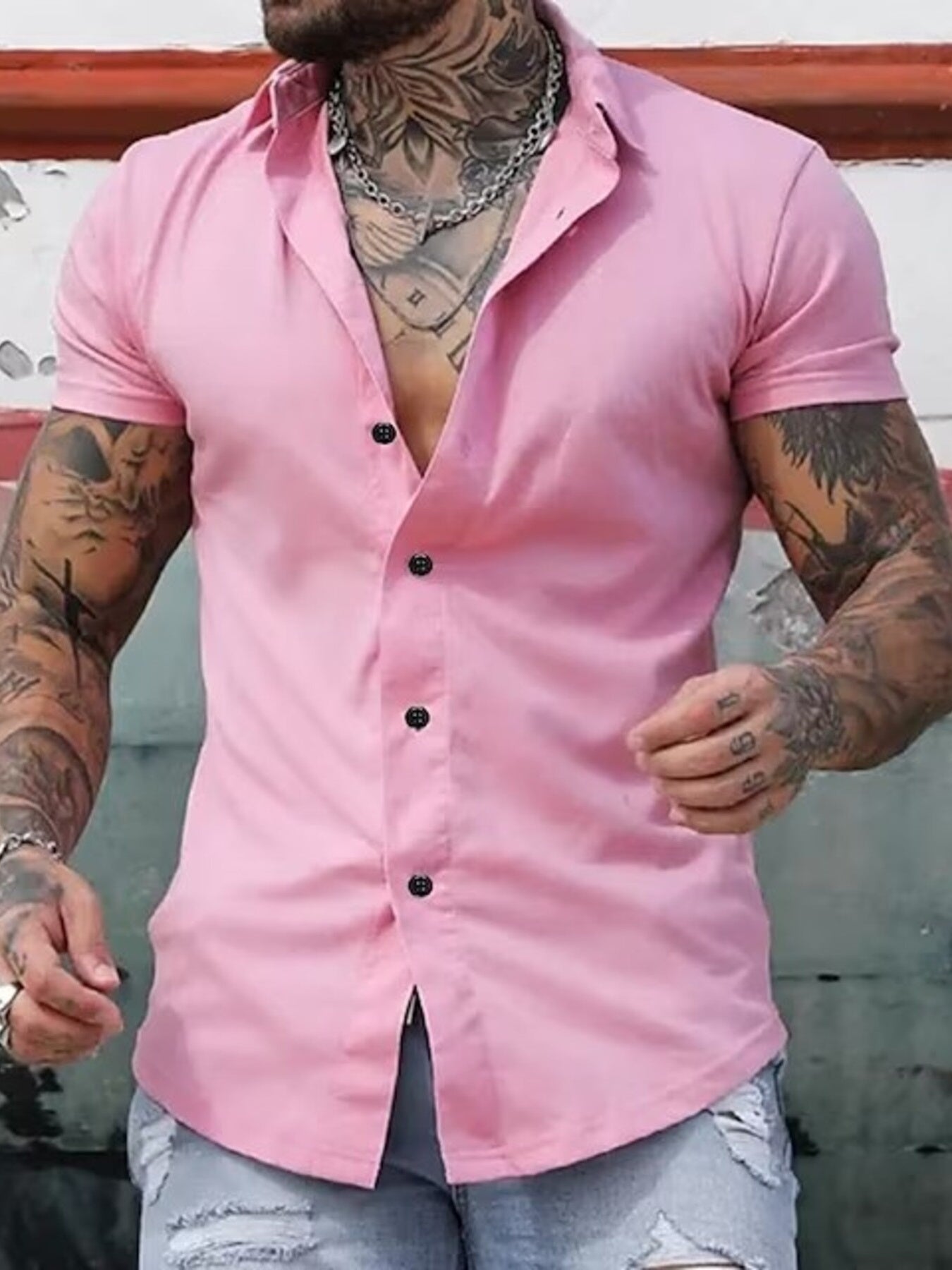 Yellow men's full-size slim fit short sleeve button-down shirt by Trendsi, shown in a close-up image highlighting the collar and fabric details.