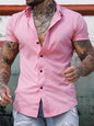 Yellow men's full-size slim fit short sleeve button-down shirt by Trendsi, shown in a close-up image highlighting the collar and fabric details.