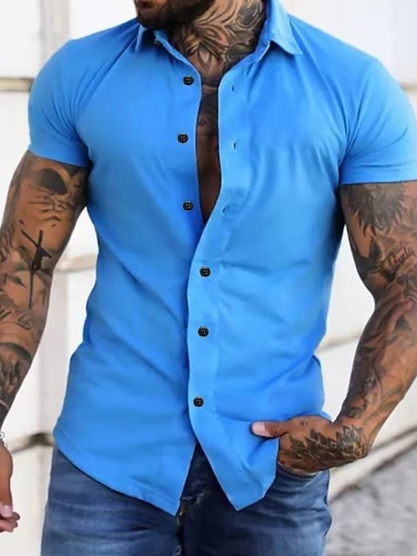 Yellow men's slim fit short sleeve button-down shirt in plus size from Trendsi, displayed on a mannequin.