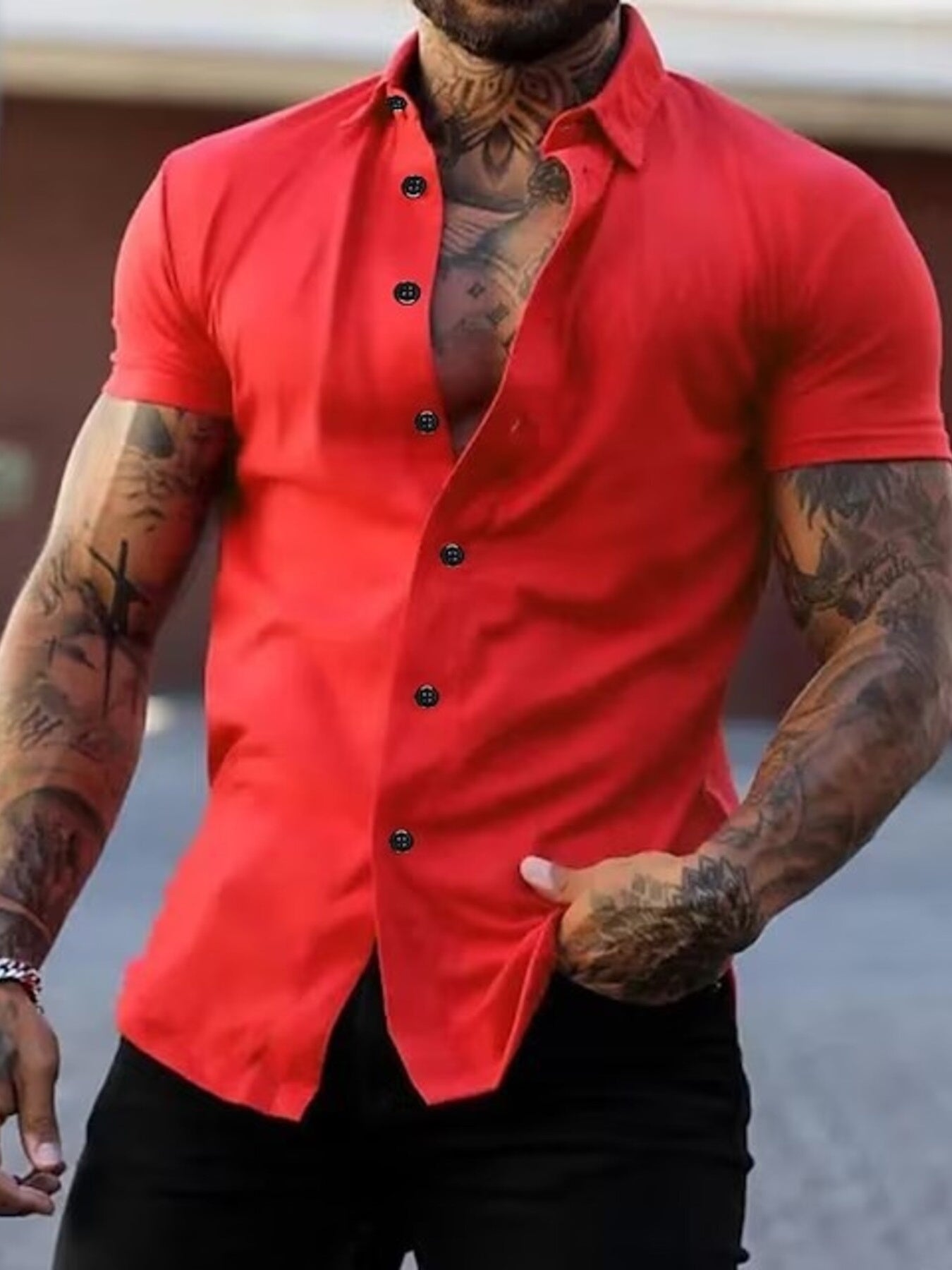 Men's yellow slim fit short sleeve button-down shirt in plus size by Trendsi, shown flat with collar and buttons visible.