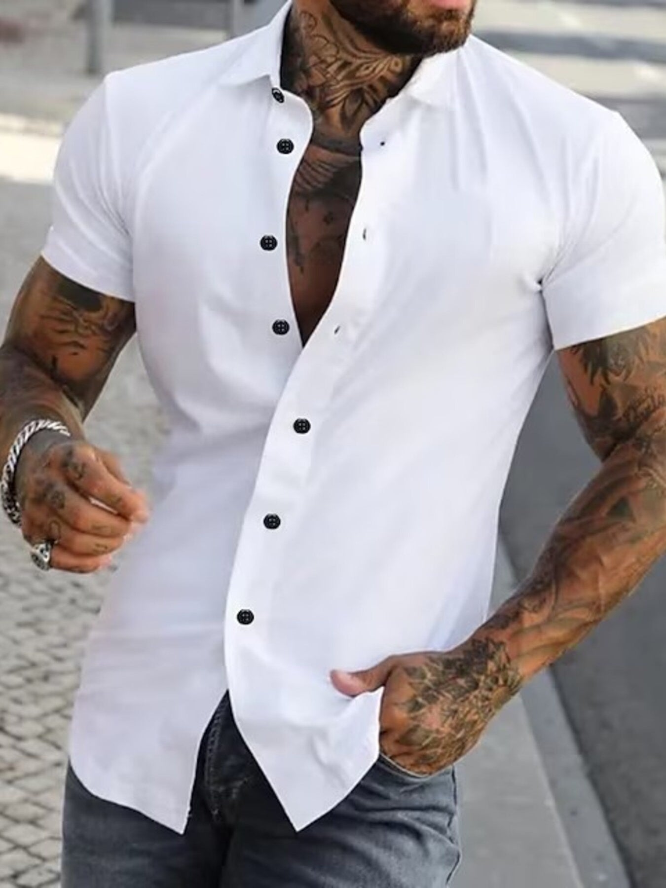 Yellow men's slim fit short sleeve button-down shirt in plus size, featuring a classic collar and front buttons.