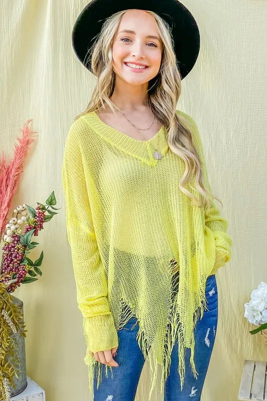 Yellow distressed mesh V-neck spring sweater cover-up by Trendsi, featuring a lightweight, breathable design and casual style.