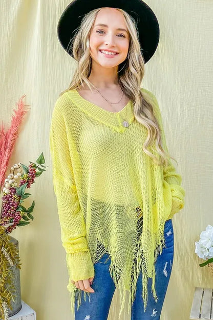 Yellow distressed mesh V-neck spring sweater cover-up by Trendsi, featuring a lightweight, breathable design and casual style.
