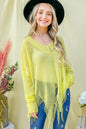 Yellow distressed mesh V-neck spring sweater cover-up by Trendsi, featuring a lightweight, breathable design and casual style.