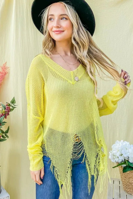 Yellow distressed mesh V-neck spring sweater cover-up by Trendsi featuring a lightweight, breathable design with a relaxed fit.