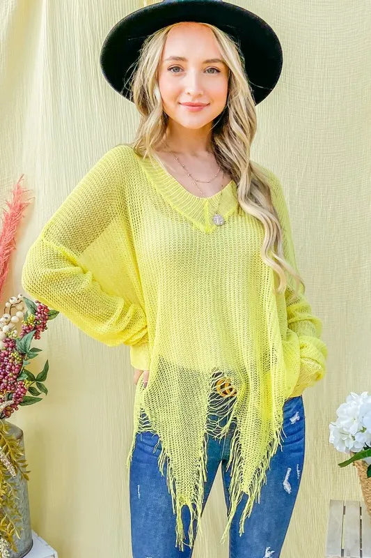 Yellow distressed mesh V-neck spring sweater cover-up by Trendsi, featuring a lightweight, breathable design with a relaxed fit.