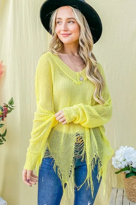 Yellow distressed mesh V-neck spring sweater cover-up by Trendsi, featuring lightweight fabric and casual style.