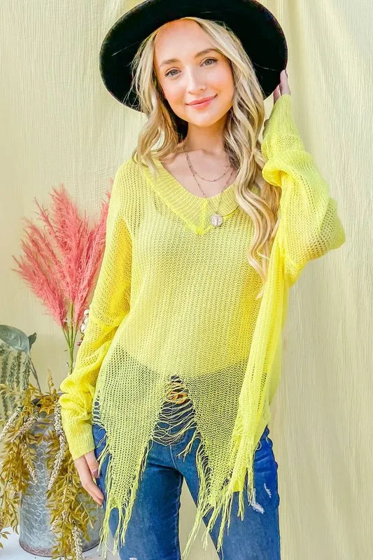 Yellow distressed mesh V-neck spring sweater cover-up by Trendsi, featuring a lightweight, airy design with a relaxed fit.