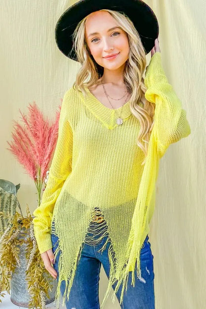 Yellow distressed mesh V-neck spring sweater cover-up by Trendsi, featuring a lightweight, airy design with a relaxed fit.