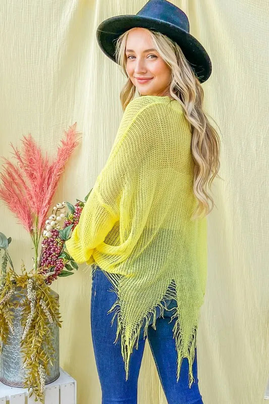 Yellow distressed mesh V-neck spring sweater cover-up by Trendsi, featuring lightweight, breathable fabric with a relaxed fit.