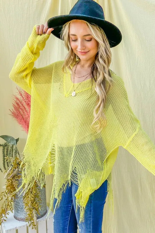 Yellow distressed mesh V-neck spring sweater cover-up by Trendsi, featuring a lightweight, airy design perfect for layering.