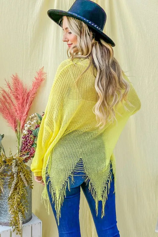 Yellow distressed mesh V-neck spring sweater cover-up from Trendsi, featuring a lightweight, casual design with a relaxed fit.