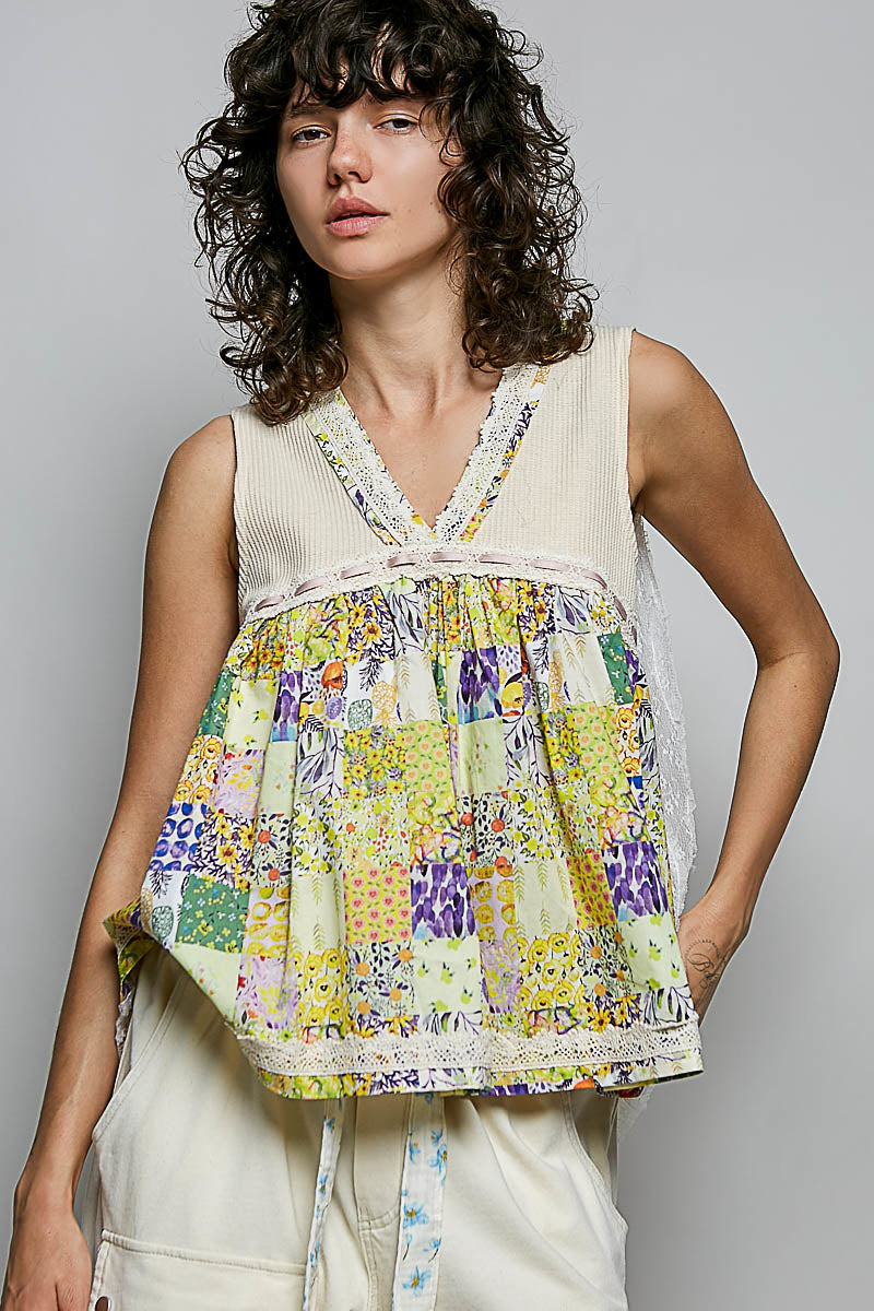 Vanilla cream POL floral v-neck sheer tank top with lace trim, stylish and lightweight from Trendsi.