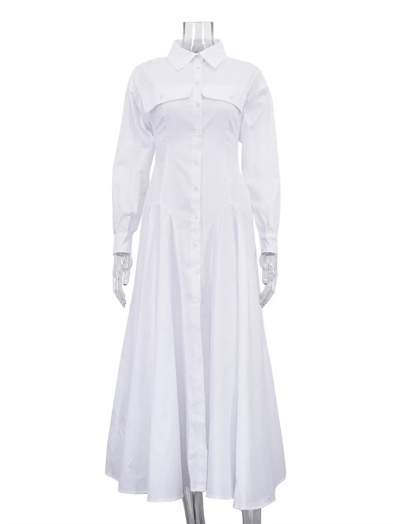 White button-front long sleeve maxi shirt dress by Trendsi, featuring a flowing silhouette and classic collar.