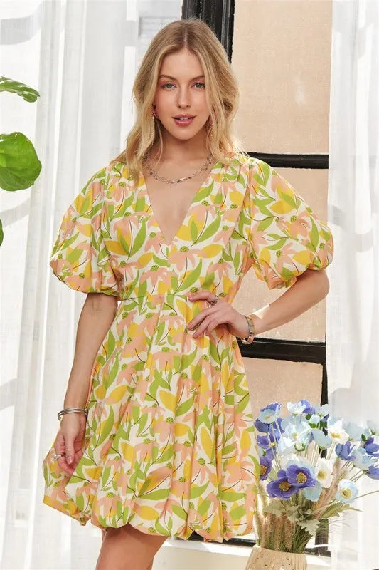 Yellow ADORA puff sleeve floral dress from Trendsi, featuring a fitted bodice and flowy skirt with a vibrant floral pattern.